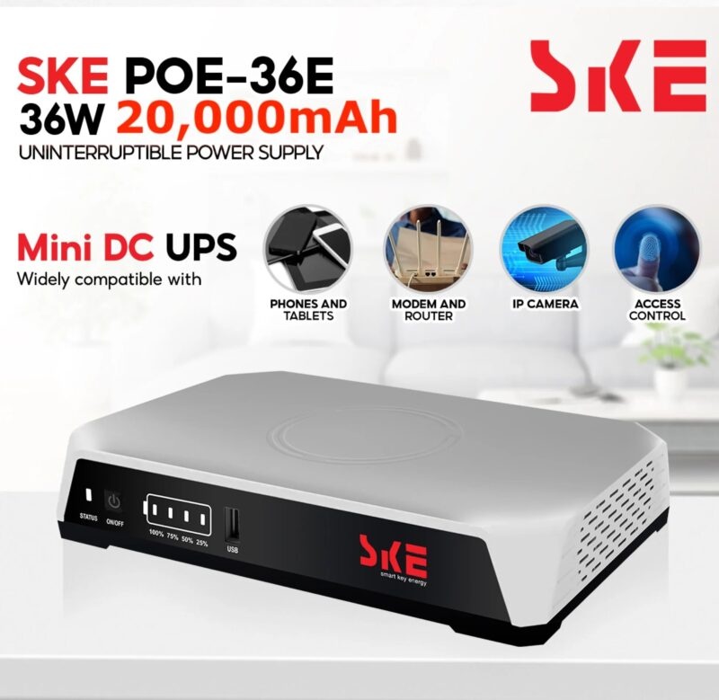 SKE POE-36E-LFP 20,000mAh Mini DC UPS – 36W High Power Backup with LiFePO4 Battery 